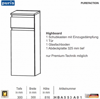 Puris Purefaction Highboard 30 cm Breite 