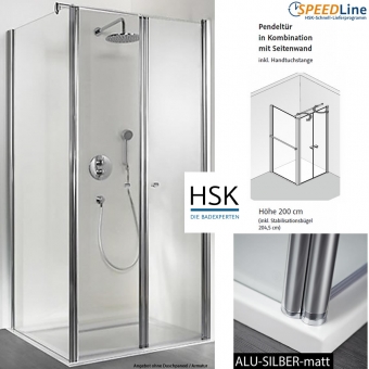 HSK Exklusiv Dusche aus Glas / Pendeltüren mit Seitenwand - 100x100x200 cm - 3-teilig - Anschlag links 
