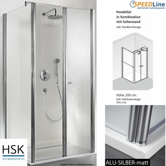 HSK Exklusiv Dusche aus Glas / Pendeltüren mit Seitenwand - 90x90x200 cm - 3-teilig - Anschlag links 