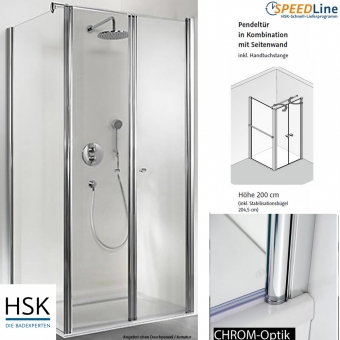 HSK Exklusiv Dusche aus Glas / Pendeltüren mit Seitenwand - 90x90x200 cm - 3-teilig - Anschlag links 