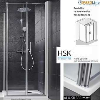 HSK Favorit Nova Dusche aus Glas / Pendeltüren mit Seitenwand - 90x90x195 cm - 3-teilig - Anschlag links 
