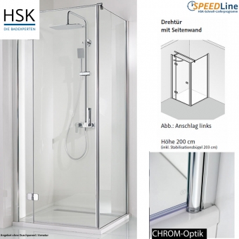 HSK Dusche aus Glas / Drehtür mit Seitenwand - 100x100x200 cm - 3-teilig - Anschlag links 
