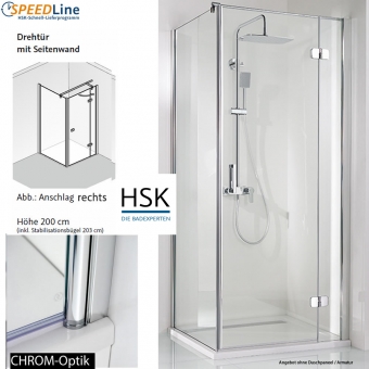 HSK Dusche aus Glas / Drehtür mit Seitenwand - 100x100x200 cm - 3-teilig - Anschlag rechts 