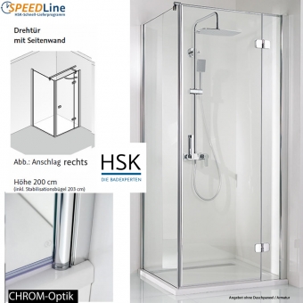 HSK Dusche aus Glas / Drehtür mit Seitenwand - 90x90x200 cm - 3-teilig - Anschlag rechts 