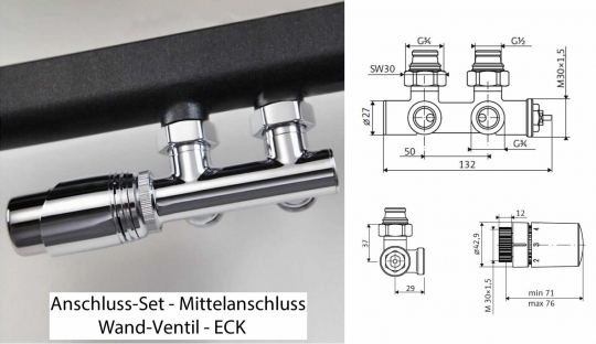 HSK Thermostat-Set - Mittelanschluss - Wand-Ventil Eck 