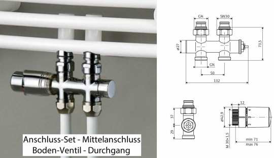 HSK Thermostat-Set - Mittelanschluss - Boden-Ventil Durchgang 