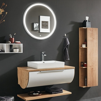 Puris Rounds Badmöbel als Set 90 cm mit rundem LED Spiegel und Aufsatzwaschtisch 