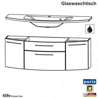 Puris Classic Line Badmöbel als GLAS-Waschtisch-Set 140 cm - 2 Türen + 2 Auszüge 