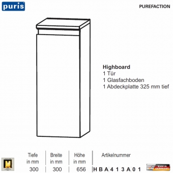 Puris Purefaction Highboard - 1 Tür - 30 cm Breite 