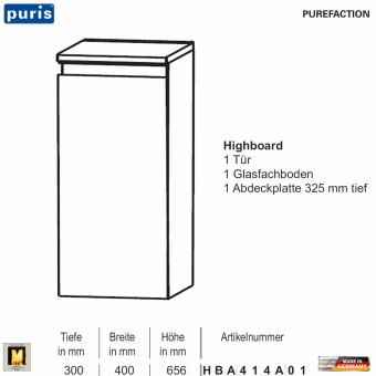 Puris Purefaction Highboard - 1 Tür - 40 cm Breite 