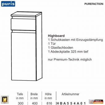 Puris Purefaction Highboard - 1 Tür / 1 Auszug - 40 cm Breite 