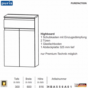 Puris Purefaction Highboard - 2 Türen / 1 Auszug - 60 cm Breite 