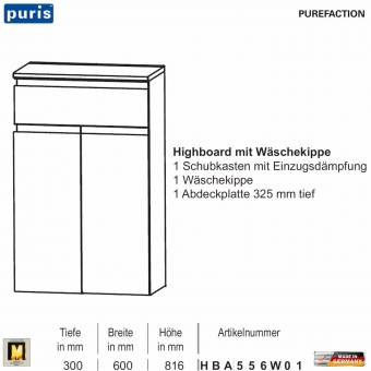 Puris Purefaction Highboard - 1 Wäschekippe / 1 Auszug - 60 cm Breite 
