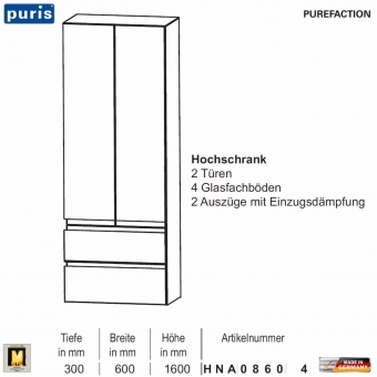 Puris Purefaction Hochschrank - 2 Türen + 2 Auszüge - 60 cm Breite 