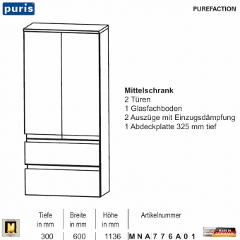Puris Purefaction Mittelschrank - 2 Türen + 2 Auszüge - 60 cm Breite 