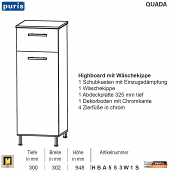 Puris QUADA Highboard 30 cm / 1 Tür + 1 Wäschekippe - HBA553W1S 