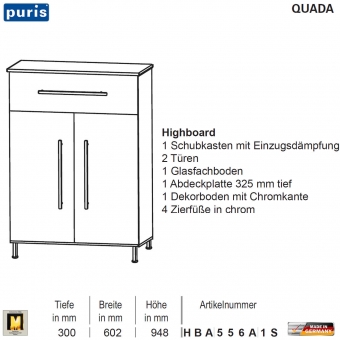 Puris QUADA Highboard 60 cm / 2 Türen + 1 Auszug - HBA553A1S 