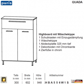 Puris QUADA Highboard 60 cm / 1 Wäschekippe - HBA556W1S 