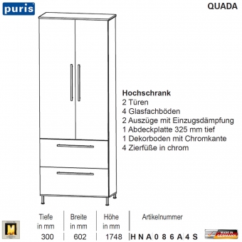 Puris QUADA Hochschrank 60 cm / 2 Türen + 2 Auszüge - HNA086A4S 