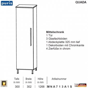 Puris QUADA Mittelschrank 30 cm / 1 Tür - MNA713A1S 