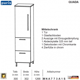 Puris QUADA Mittelschrank 30 cm / 1 Tür + 2 Auszüge - MNA773A1S 