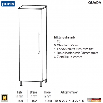 Puris QUADA Mittelschrank 40 cm / 1 Tür - MNA714A1S 