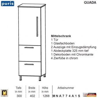 Puris QUADA Mittelschrank 40 cm / 1 Tür + 2 Auszüge - MNA774A1S 