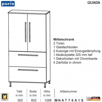 Puris QUADA Mittelschrank 60 cm / 2 Türen + 2 Auszüge - MNA776A1S 