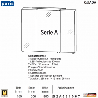 Puris QUADA Spiegelschrank 100 cm mit LED Aufsatzleuchte - Serie A - S2A531067 