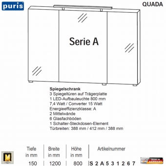 Puris QUADA Spiegelschrank 120 cm mit LED Aufsatzleuchte - Serie A - S2A531267 