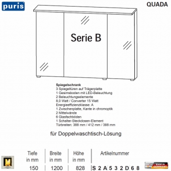 Puris QUADA Spiegelschrank 120 cm mit LED im Oberboden - Serie B - S2A532D68 