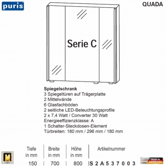 Puris QUADA Spiegelschrank 70 cm mit seitlichen LED Beleuchtungsprofilen - Serie C - S2A537003 