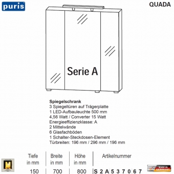 Puris QUADA Spiegelschrank 70 cm mit LED Aufsatzleuchte - Serie A - S2A537067 