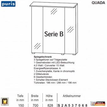 Puris QUADA Spiegelschrank 70 cm mit LED im Oberboden - Serie B - S2A537068 