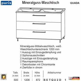 Puris QUADA Waschtisch-Set 120 cm mit Mineralguss-Doppel-Waschtisch 