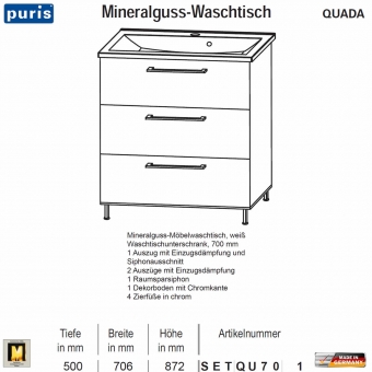 Puris QUADA Waschtisch-Set 70 cm mit Mineralguss-Waschtisch 