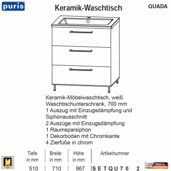 Puris QUADA Waschtisch-Set 70 cm mit Keramik-Waschtisch 