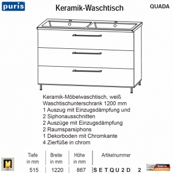Puris QUADA Waschtisch-Set 120 cm mit Keramik-Doppel-Waschtisch 