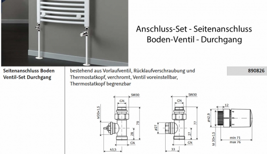 HSK Thermostat-Set - Seitenanschluss - Boden-Ventil Durchgang 
