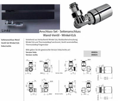 HSK Thermostat-Set - Seitenanschluss - Wand-Ventil Winkel-Eck - links 