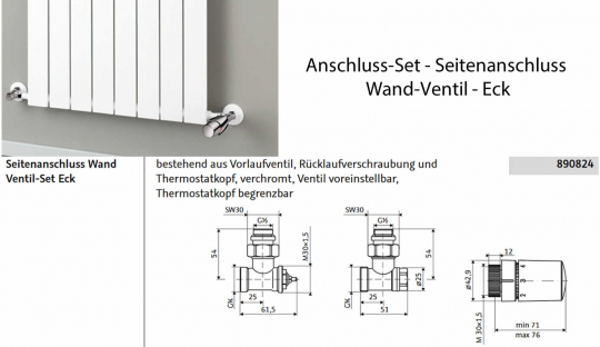 HSK Thermostat-Set - Seitenanschluss - Wand-Ventil Eck 